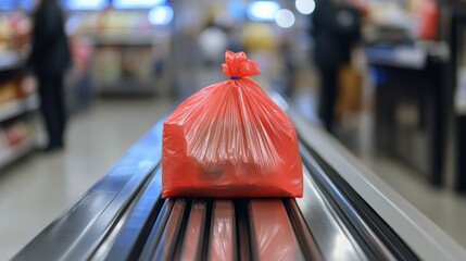 Obraz premium Plastic shopping bag placed on a conveyor belt at a grocery store checkout