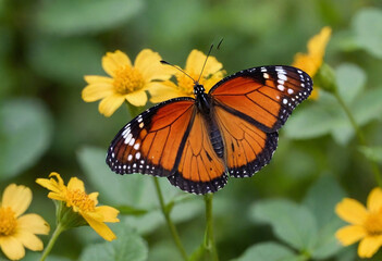Obraz premium Monarch butterfly, vibrant orange wings, black veins, white spots, yellow flowers, green leaves, soft focus background, macro photography, detailed wings, nature close-up, delicate insect, pollinator,
