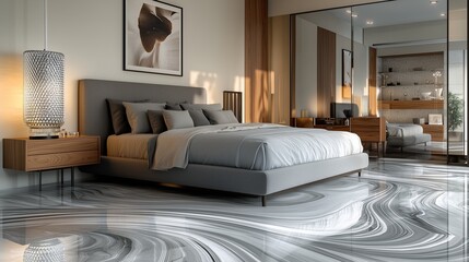A serene bedroom setup with a grey king-size bed, marble flooring with silver wave patterns, warm wooden furniture, a striking contemporary lamp, and a large mirror amplifying the room's space.