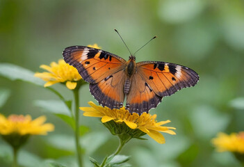 Obraz premium Monarch butterfly, vibrant orange wings, black veins, white spots, yellow flowers, green leaves, soft focus background, macro photography, detailed wings, nature close-up, delicate insect, pollinator,