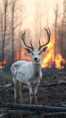 Fototapeta premium A majestic white deer with perfect antlers, and beautiful fire effects