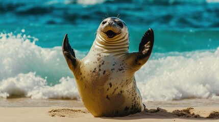 Playful seal lying on its back on a beach, its flippers raised as waves crash nearby