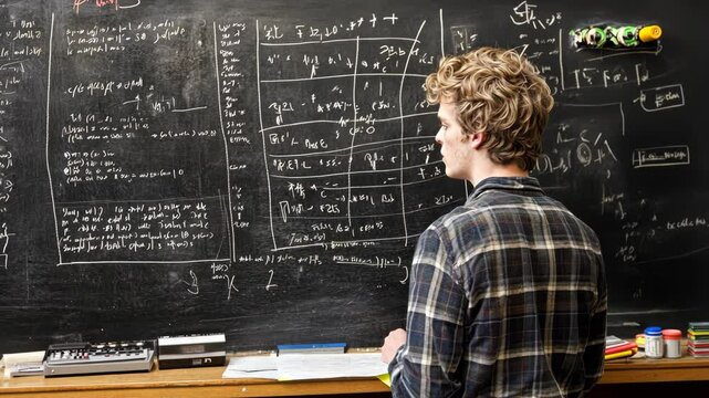 Young man solving complex equations on a chalkboard in a classroom setting during the day