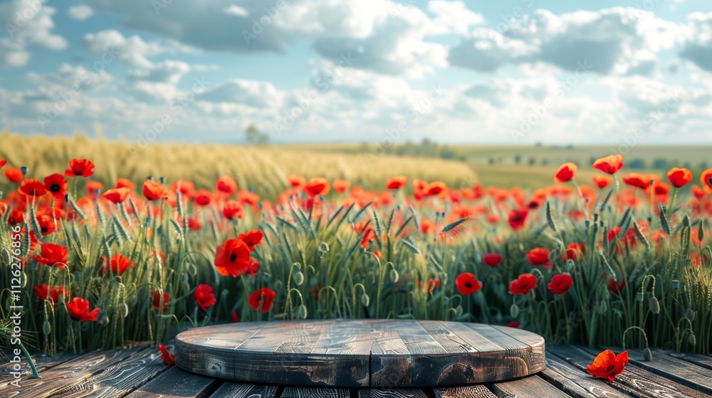 Poster an empty podium with striking red poppies and green wheat fields in the background