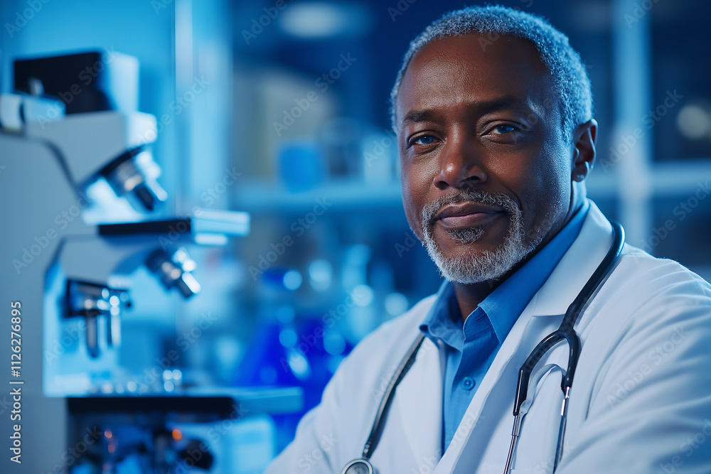 Poster medical professional in laboratory setting with microscope exploring research. generative ai