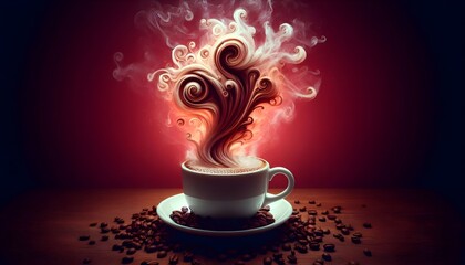 Steaming Espresso Coffee Cup with Swirling Burton-Inspired Steam - Dramatic Red Gradient Background with Coffee Beans Spread