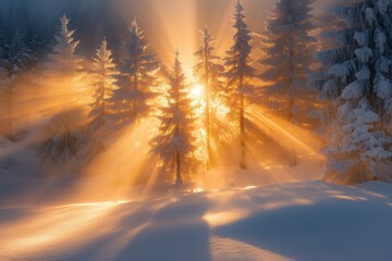 Sunbeams of gold illuminate snow-covered pine trees in a stunning winter wonderland, casting a magical and peaceful aura at sunrise