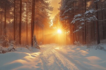 Sunlight shining through snowy forest at sunrise, creating a serene and magical atmosphere with snow-covered trees and a path leading into the distance