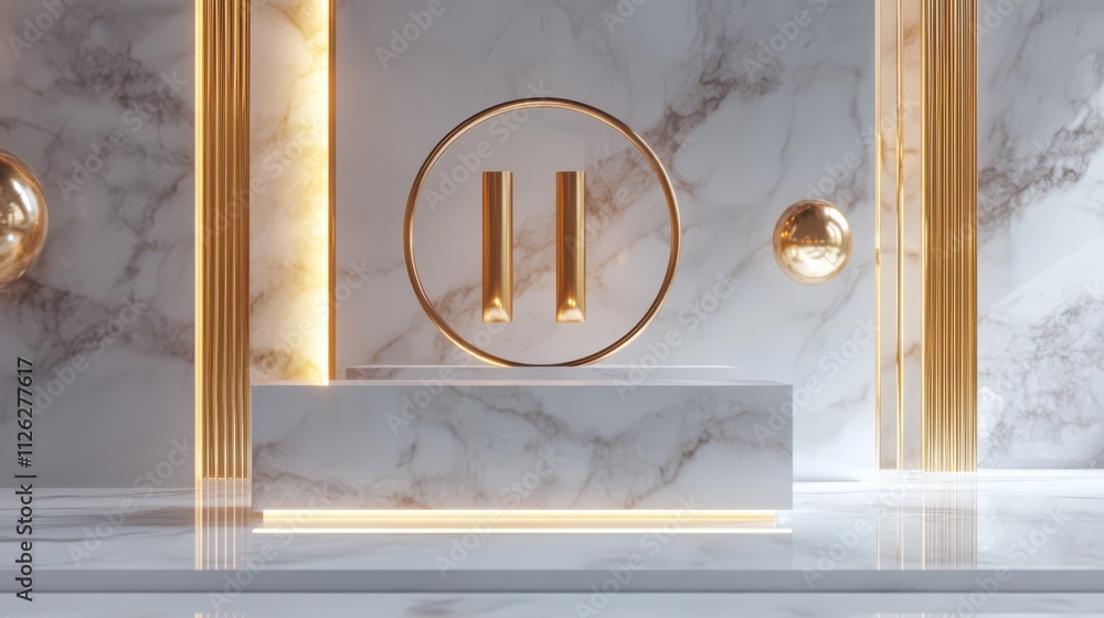 Poster golden pause on marble: a minimalist 3d rendering of a golden pause button, set against a backdrop o