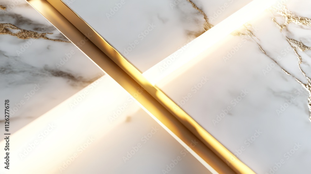 Poster golden x on marble: abstract image of intersecting gold lines on a marble background, illuminated by
