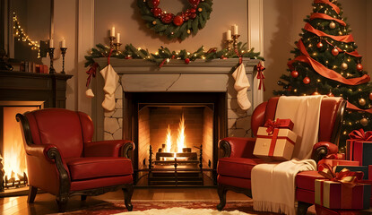 Fototapeta premium A cozy living room with a roaring fireplace, stockings, and wrapped gifts