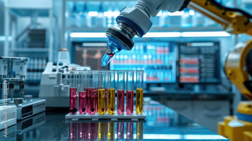 Poster close-up of a robotic arm precisely handling test tubes filled with colorful liquids, set against a 