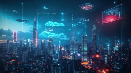 Obraz premium Futuristic urban hologram with digital cloud systems, hovercrafts flying above, interactive public hologram screens, skyscrapers with smart glass technology