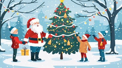 Santa Claus Decorating Christmas Tree with Children in Snowy Winter Landscape, Holiday Spirit and Joyful Celebration in Festive Scene