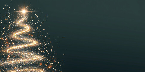 Sparkling Rose Gold Christmas Tree with Falling Snowflakes on Dark Green Background - Vector Illustration with Copy Space