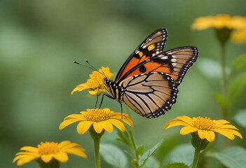 Obraz premium Monarch butterfly, vibrant orange wings, black veins, white spots, yellow flowers, green leaves, soft focus background, macro photography, detailed wings, nature close-up, delicate insect, pollinator,