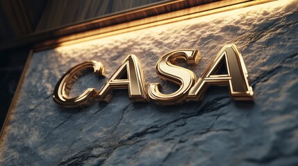 Golden CASA Sign: A close-up shot of a luxurious, golden "CASA" sign mounted on a textured, marble-like surface, illuminated by warm light.