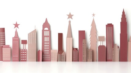 Obraz premium City Skyline Made of Paper Cutouts Featuring Stars, Trees, and Various Architectures in Soft Pink and Beige Tones for Holiday Celebrations and Artwork
