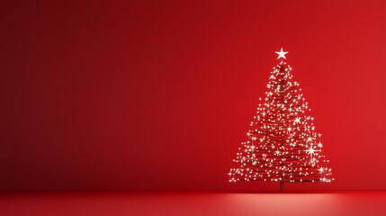 Radiant Starry Christmas Tree on Red Background - Festive Vector Illustration for Greeting Cards | High Resolution Design with Copy Space (16:9)