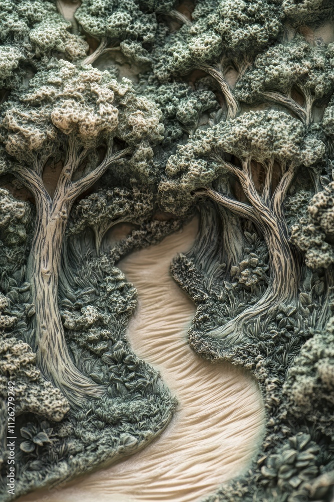Poster detailed forest scene with trees and stream in relief texture