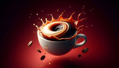 Steaming Espresso Coffee Cup with Swirling Burton-Inspired Steam - Dramatic Red Gradient Background with Coffee Beans Spread