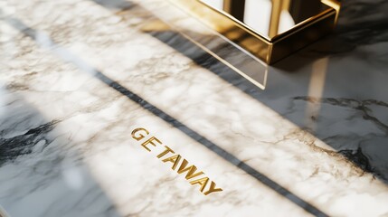 Golden Getaway:  A luxurious escape awaits, etched in gold lettering on a sleek marble surface. The...