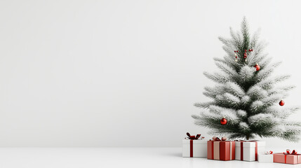 Festive Christmas Tree 3D Rendering with Snow and Gift Boxes on White Background. Minimalist New Year Concept for Advertising Banner.