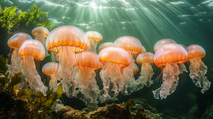 Fototapeta premium A school of jellyfish glowing ethereally in the deep ocean, illuminated by sunlight filtering through the water