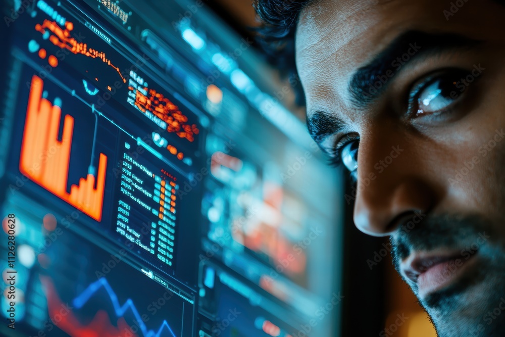 Poster close-up of focused person analyzing data on computer screen
