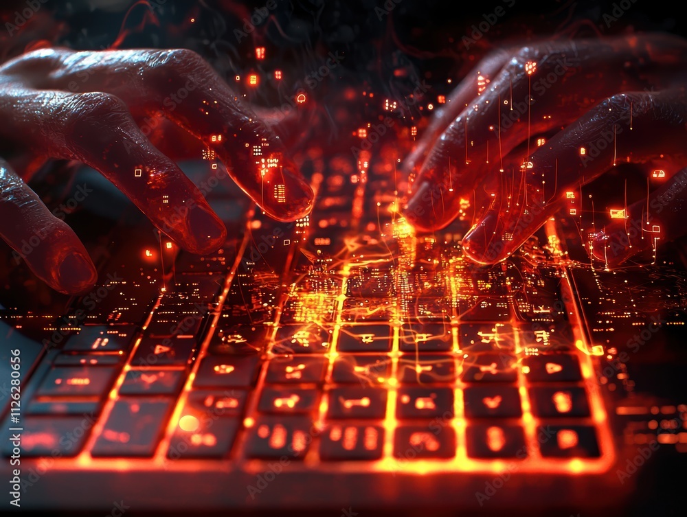 Poster hands typing on keyboard with digital effects and data visualizations