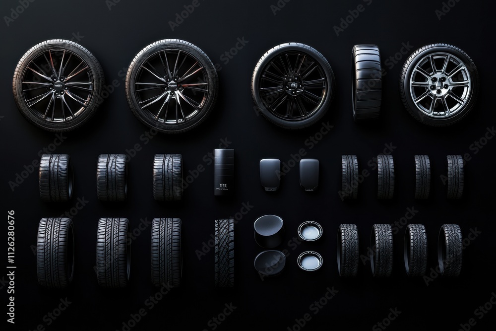 Leinwandbilder Various car tires, rims, and brake pads are neatly arranged on a dark background, creating a visually appealing display with space for text. Generative AI