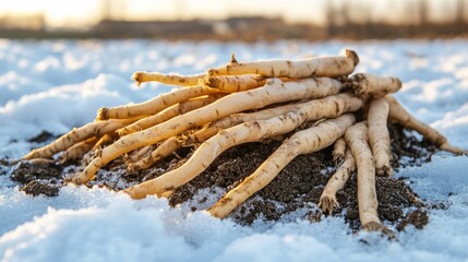 Harvested parsnips rest on snowy ground in winter