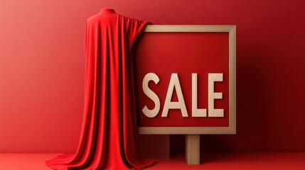Red Sale Sign Displaying Discounts with Draped Cloth for Special Promotions, Marketing Events, and Retail Advertisements