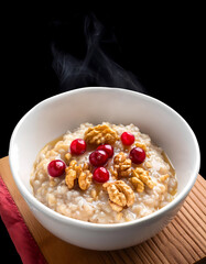 Steaming Hot Oatmeal with Cranberries and Walnuts  Healthy Breakfast Bowl