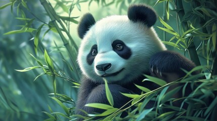 Fototapeta premium A panda resting among fresh bamboo leaves, its calm expression blending perfectly with the tranquil environment.
