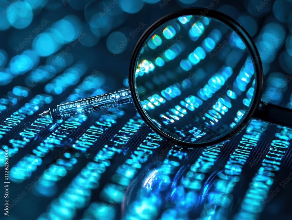 Poster magnifying glass focused on glowing data and code patterns