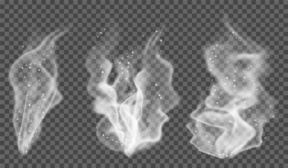 Collection of translucent white clouds of smoke on transparent background. Suitable for overlaying on dark backgrounds. Transparency in vector format