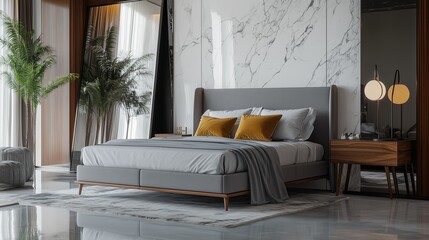 A stylish bedroom design featuring a grey king-size bed, marble flooring, sleek wooden furniture, a statement lamp, and a large mirror reflecting the calming atmosphere.