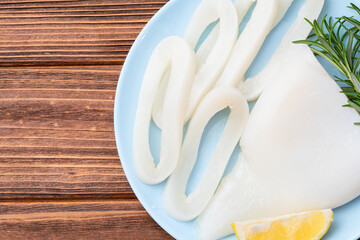 Squid tube and ring photography . Seafood top view