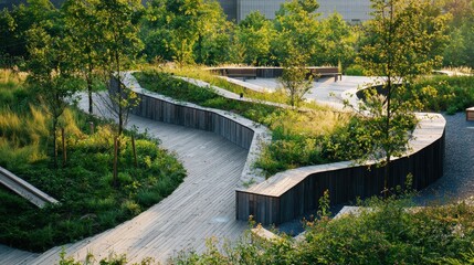 Fototapeta premium Serene Curved Path in Natural Landscape with Green Vegetation