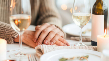 Obraz premium Dinner Setting with Wine Glasses, Candles, and Beautiful Table Decoration for a Romantic Evening or Special Celebration in a Warm Atmosphere