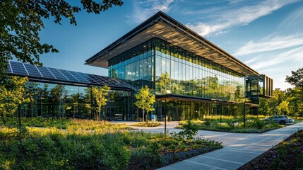 Obraz premium Modern Glass Building with Solar Panels and Lush Green Landscape