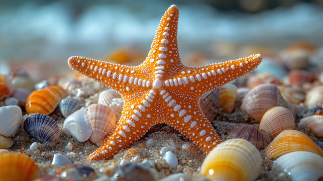 A starfish resting on a sandy beach surrounded by colorful seashells