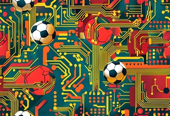 vibrant mix of abstract circuitry intertwined with soccer balls, representing AI role in personalized sports training