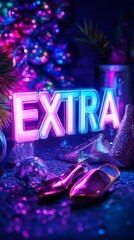 Neon Glow: "Extra" Sign with Pink Heels and Glittering Decor 