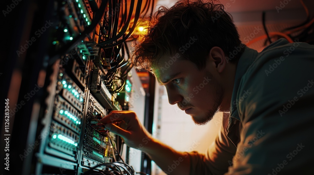 Poster it technician working on server racks in a data center environment