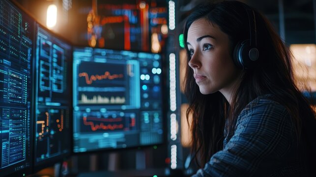 Focused Female Analyst Using Multiple Monitors in Dark Office