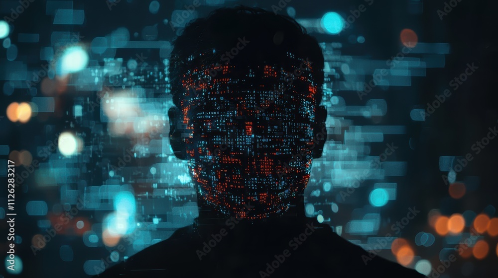 Poster abstract digital portrait with glitch effect and data visualization