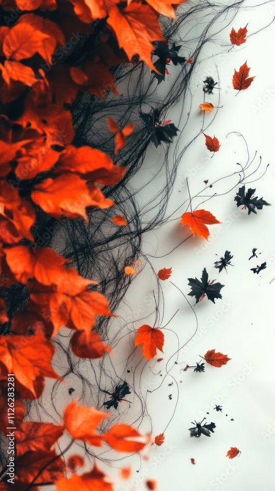 Poster red leaves and dark threads entwined on a smooth surface capturing the elegance of autumn in a beaut