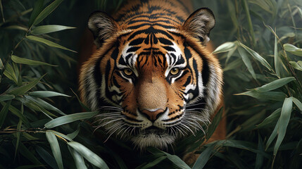 Fototapeta premium A tiger walking through a dense bamboo forest, its stripes blending with the foliage